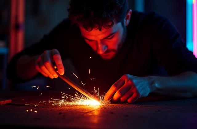 Artigiano al lavoro nel laboratorio di Luminaria, piegando un tubo al neon con fiamma