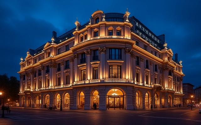 Facciata illuminata dell'Hotel Minerva